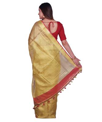 Handcrafted Golden Tissue Linen saree 3