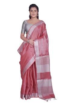 Handcrafted Tomato Tissue Linen saree with Silver zari border