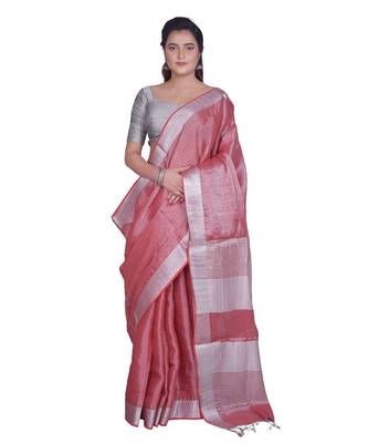 Handcrafted Tomato Tissue Linen saree with Silver zari border 1