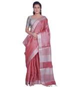 Handcrafted Tomato Tissue Linen saree with Silver zari border
