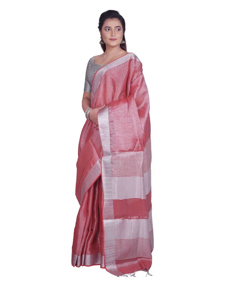 Handcrafted Tomato Tissue Linen saree with Silver zari border