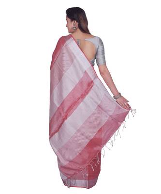 Handcrafted Tomato Tissue Linen saree with Silver zari border 3