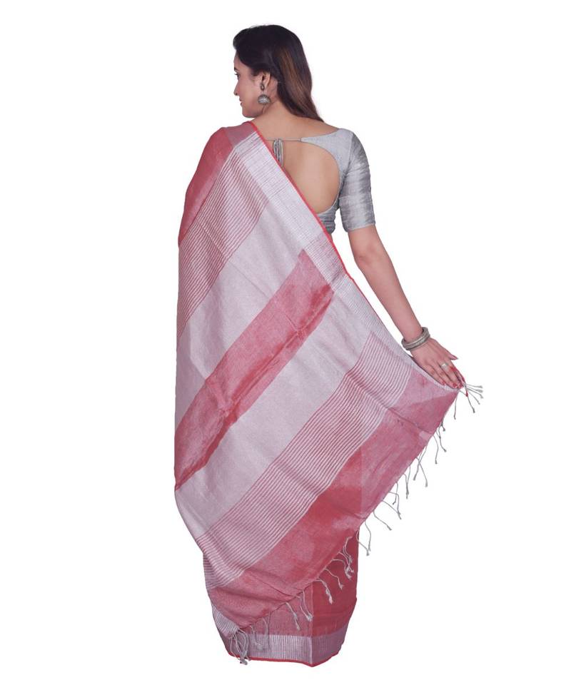 Handcrafted Tomato Tissue Linen saree with Silver zari border