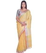 Handcrafted Yellow Linen saree with Silver zari border