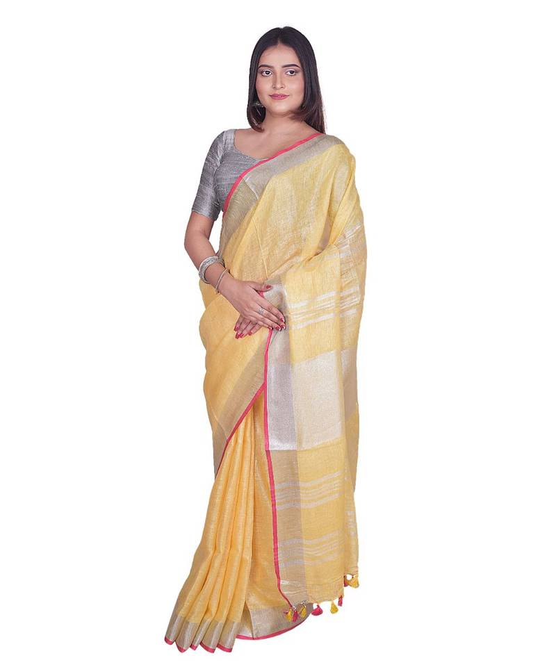 Handcrafted Yellow Linen saree with Silver zari border
