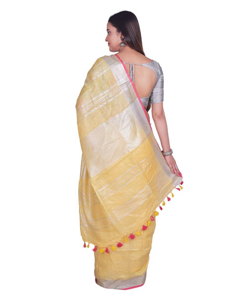 Handcrafted Yellow Linen saree with Silver zari border