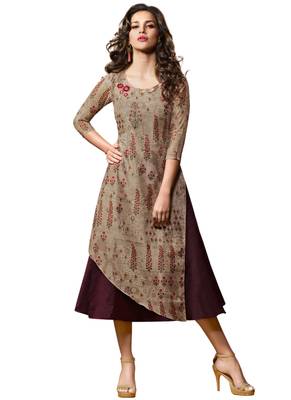 Beige printed dupion kurti 1