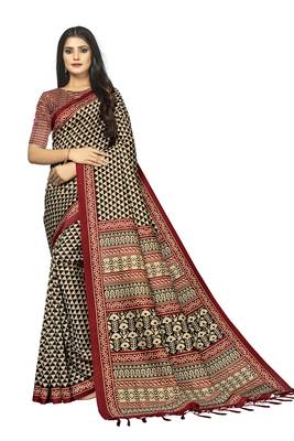 Bieth Women Ajrakh Block Printed Mysore Silk Saree with Blouse Piece 1