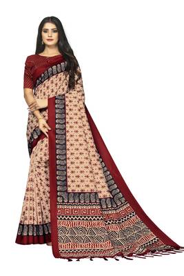 Bieth Women Ajrakh Block Printed Mysore Silk Saree with Blouse Piece 1
