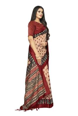 Bieth Women Ajrakh Block Printed Mysore Silk Saree with Blouse Piece 2