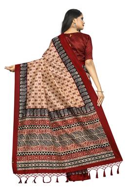 Bieth Women Ajrakh Block Printed Mysore Silk Saree with Blouse Piece 3