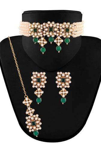 Traditional Pearl & Kundan Choker Necklace Set with Maang Tikka for Women (ML224WG)