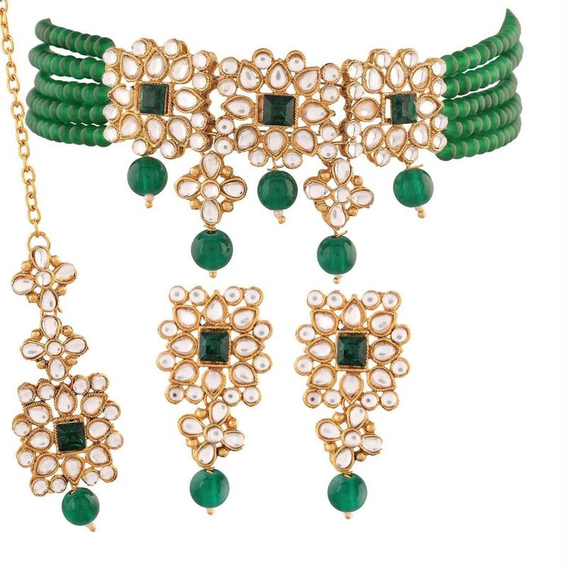 Traditional Pearl & Kundan Choker Necklace Set with Maang Tikka for Women 