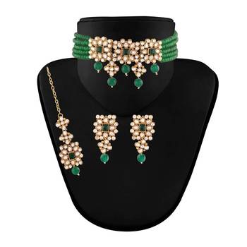 Traditional Pearl & Kundan Choker Necklace Set with Maang Tikka for Women  1