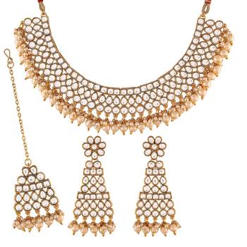Pearl Necklace Set With Maang Tika & Earrings for Women  2