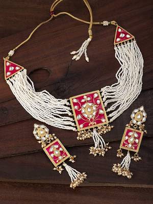 Pearl & Kundan Necklace Choker with Earrings Padmavati Style For Women  1