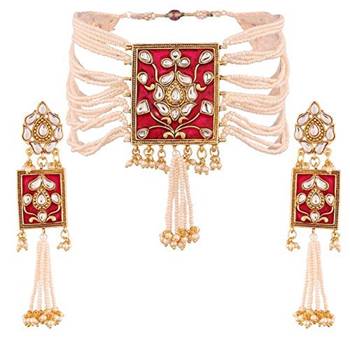 Pearl & Kundan Necklace Choker with Earrings Padmavati Style For Women  3