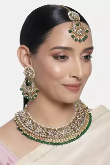 Traditional Kundan Pearl Wedding Choker Necklace Set Earrings & Maang Tikka for Women 