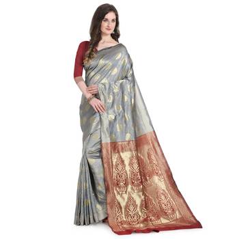 Grey woven banarasi silk saree with blouse 1