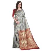 Grey woven banarasi silk saree with blouse