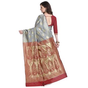 Grey woven banarasi silk saree with blouse 2