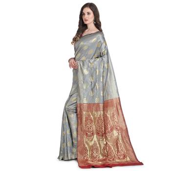Grey woven banarasi silk saree with blouse 3