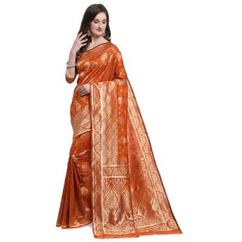 Orange woven banarasi silk saree with blouse 1