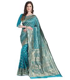 Turquoise woven banarasi silk saree with blouse