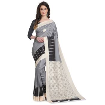 Grey printed poly silk saree with blouse 1