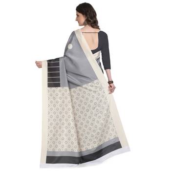 Grey printed poly silk saree with blouse 2