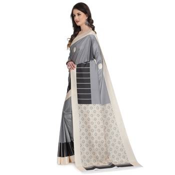Grey printed poly silk saree with blouse 3
