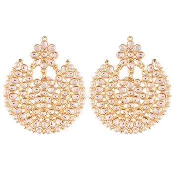 Gold Plated Traditional Kundan Earrings with Pearl Outline for Women (ED14W) 2