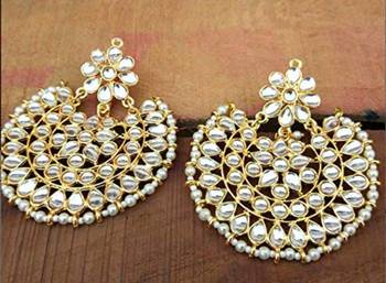 Gold Plated Traditional Kundan Earrings with Pearl Outline for Women (ED14W) 1
