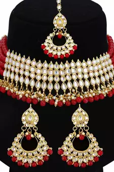 Gold Plated Ethnic Indian Traditional Kundan Pearl Choker Necklace Set for Women 