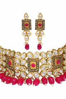 Traditional Gold Plated Kundan & Beads Choker Necklace Jewellery Set for Women (K7082Q)