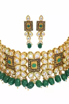 Traditional Gold Plated Kundan & Beads Choker Necklace Jewellery Set for Women 