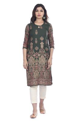 Dark-green printed rayon ethnic-kurtis 1