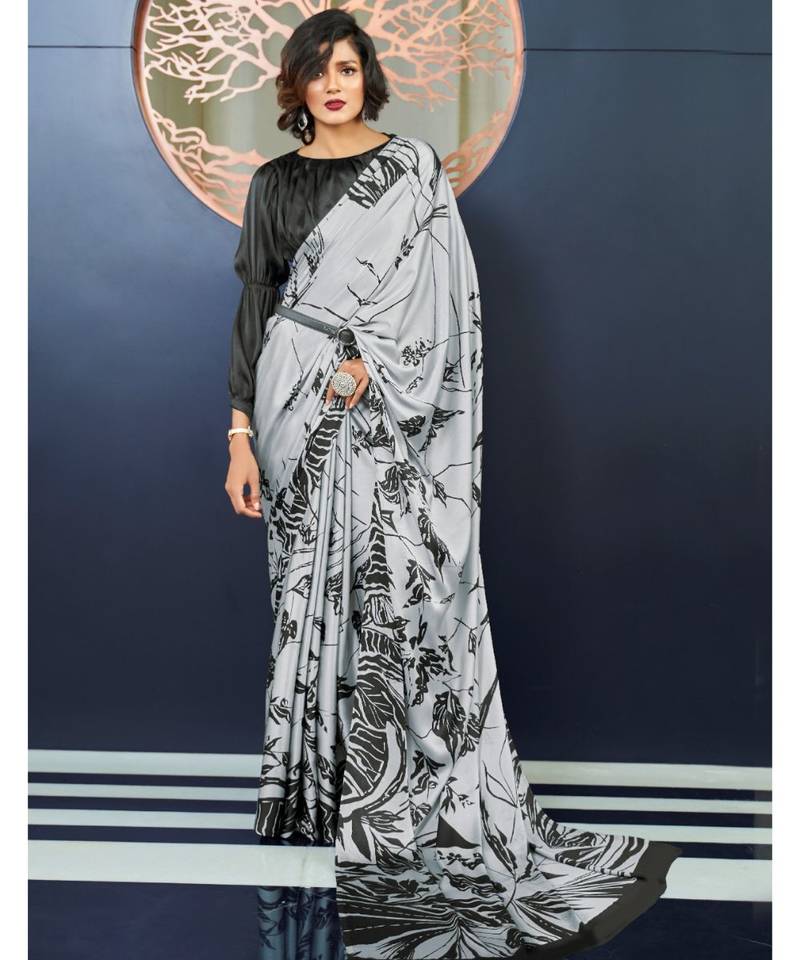 Grey printed Crepe saree with blouse