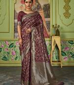 Maroon woven banarasi silk saree with blouse