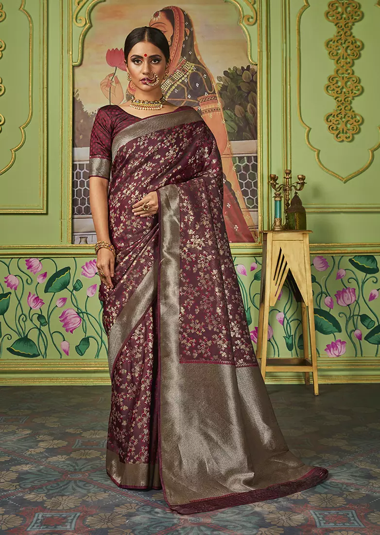 Maroon woven banarasi silk saree with blouse