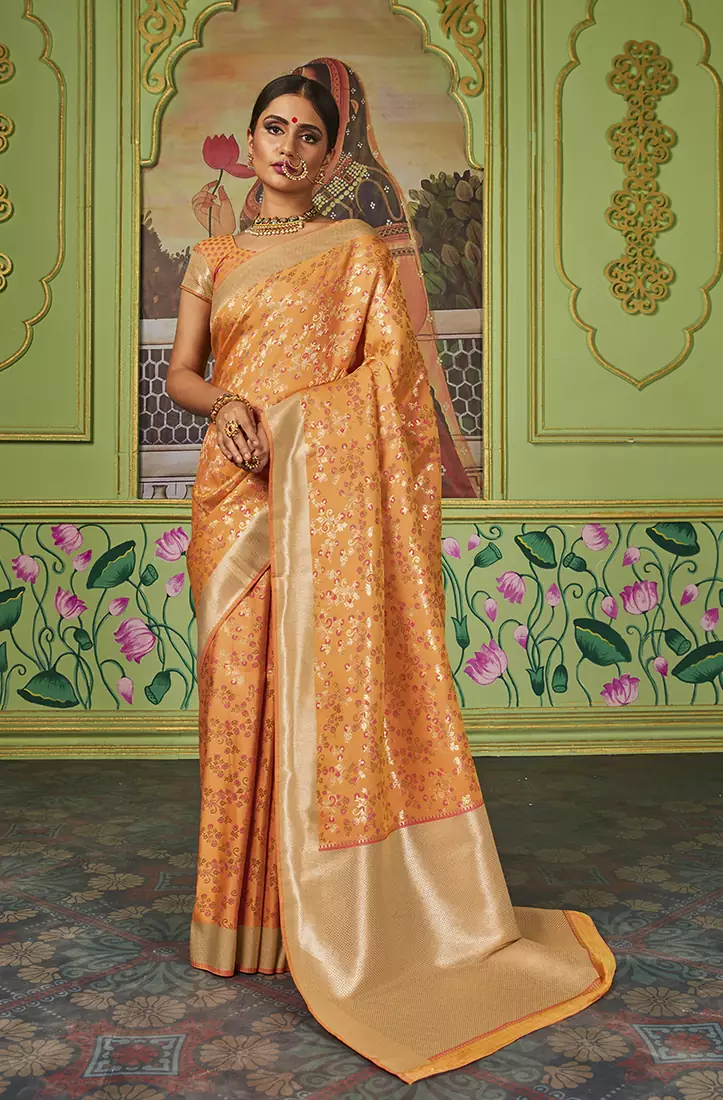 Orange woven banarasi silk saree with blouse