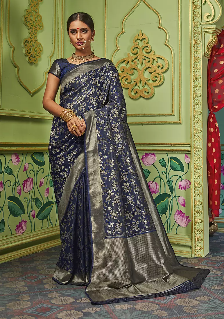   navy blue woven banarasi silk saree with blouse