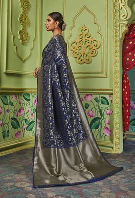 navy blue woven banarasi silk saree with blouse 2