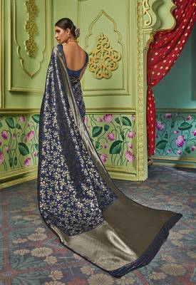 navy blue woven banarasi silk saree with blouse 3
