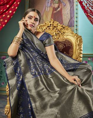 navy blue woven banarasi silk saree with blouse 4