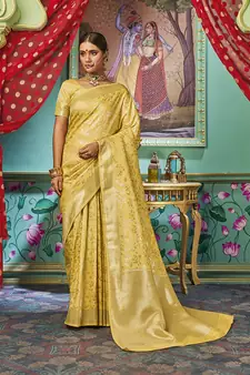 Yellow woven banarasi silk saree with blouse