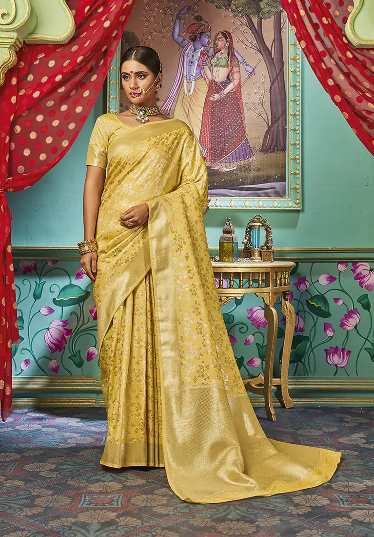 Yellow woven banarasi silk saree with blouse