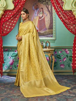 Yellow woven banarasi silk saree with blouse 2
