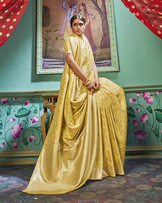 Yellow woven banarasi silk saree with blouse 3