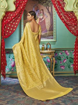 Yellow woven banarasi silk saree with blouse 4